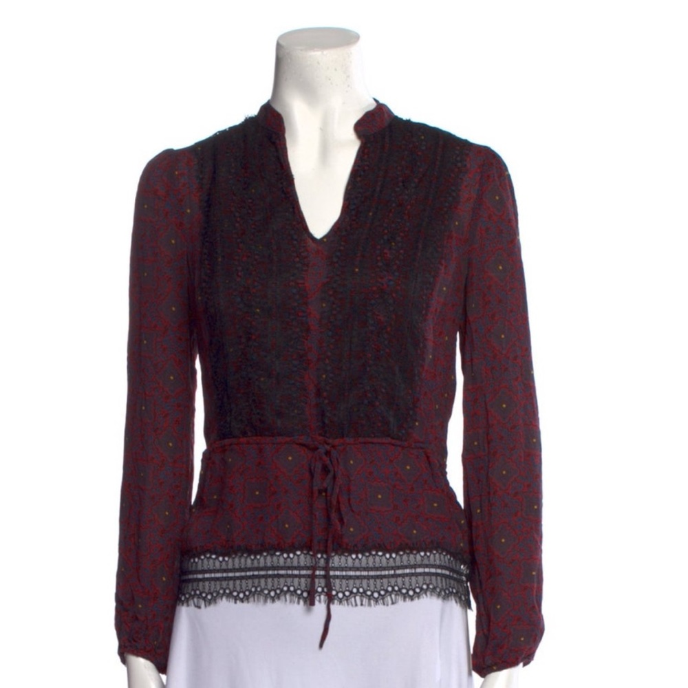 NWT-Veronica Beard Lindberg Lace Trim Print Silk Blouse